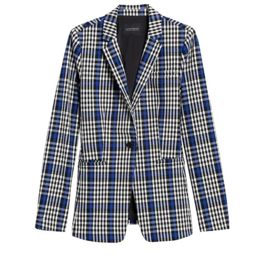 Banana Republic Black White and Blue Plaid Blazer
